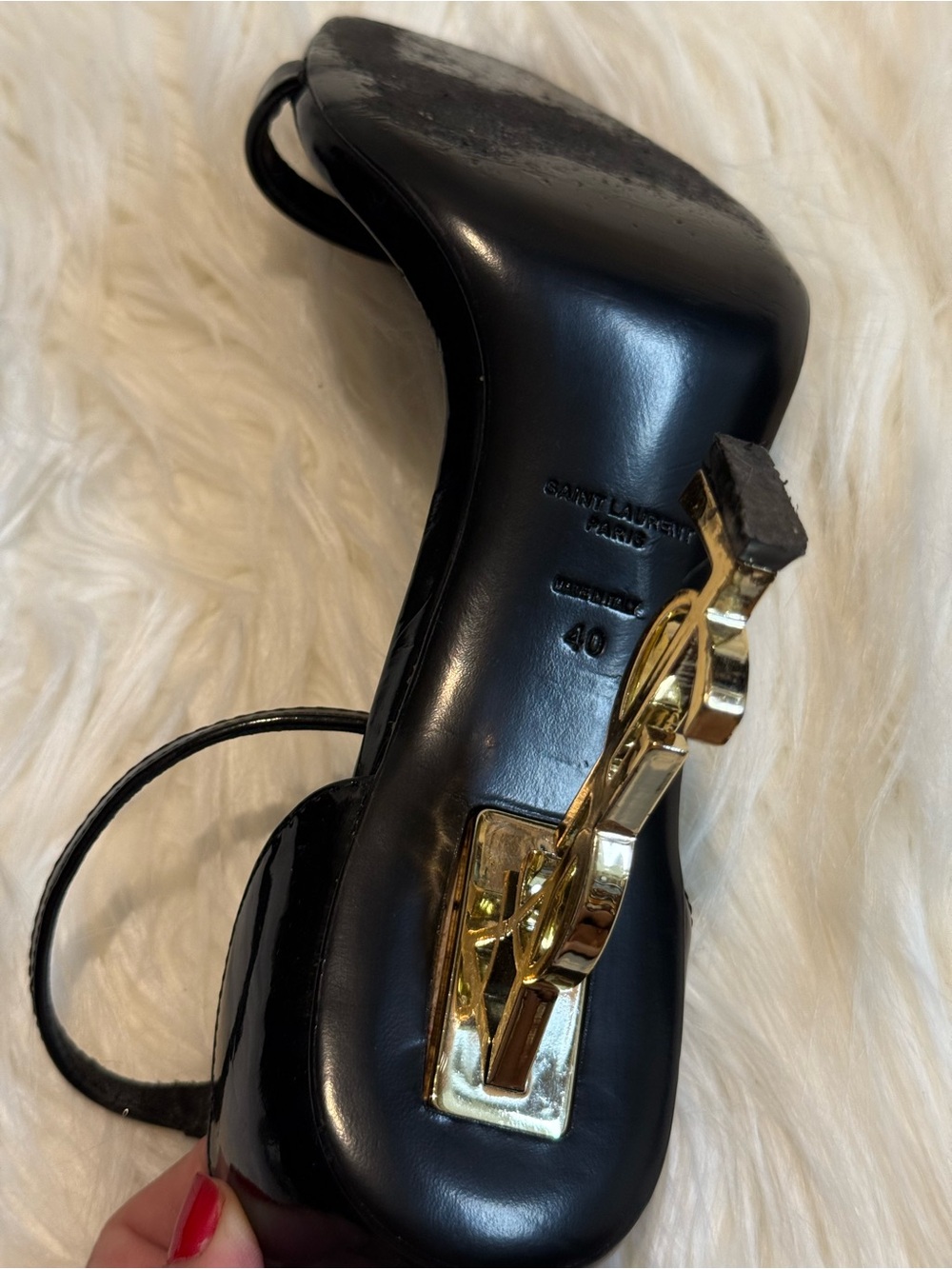 Saint Laurent Black Patent Leather Sandal Heels with Gold Sculptural Heel - Picture 10 of 15